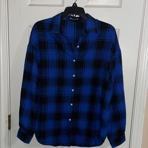 Royal Blue and Black Plaid flannel Button-Up Shirt oversized medium